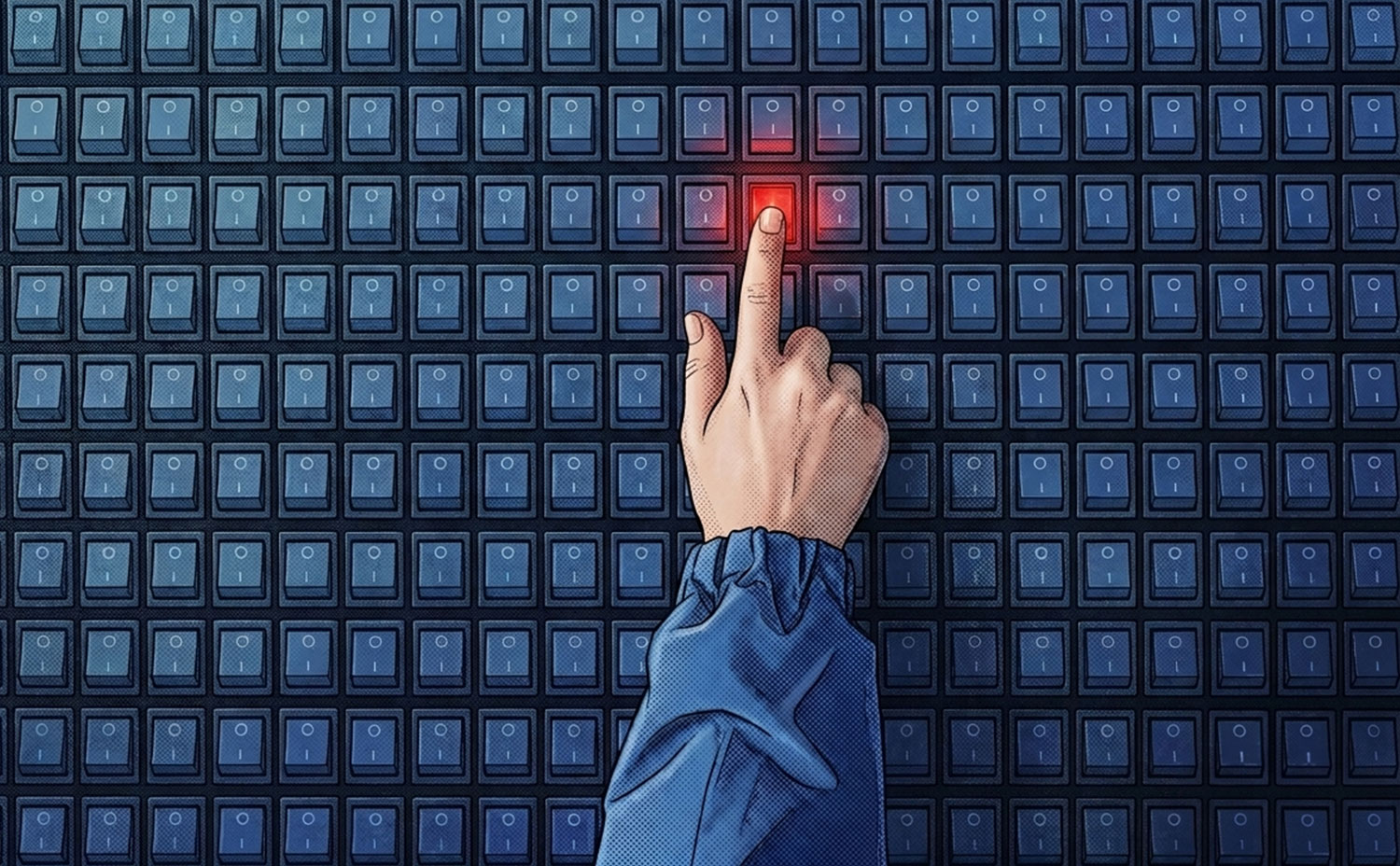 A hand pressing one glowing switch in a wall of identical switches — the human element in payment fraud