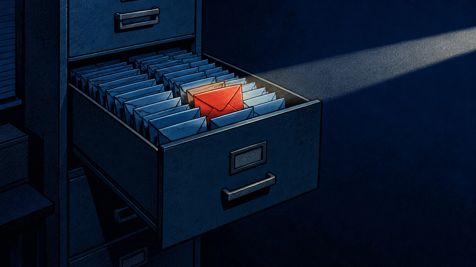 A filing cabinet drawer packed with old envelopes in a dark office, with a flashlight beam landing on one red envelope.