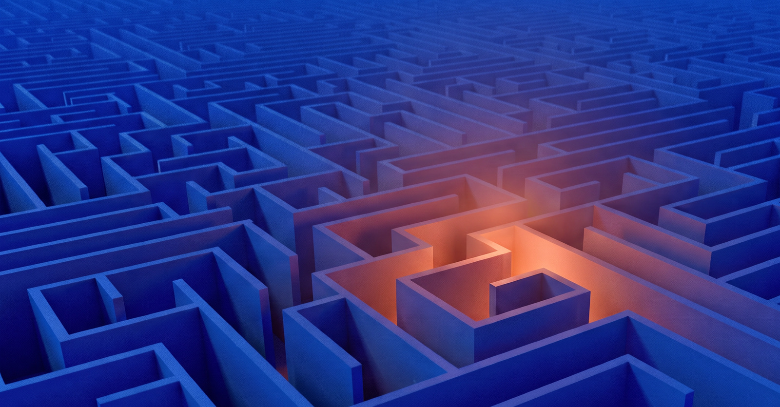 A vast blue maze with one dead end lit from within, representing money that has come to rest somewhere deep inside the payment system.